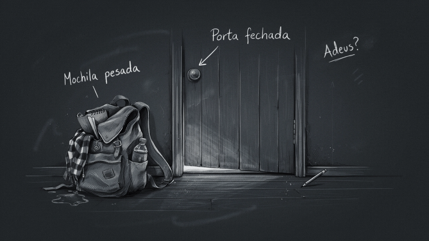 Desenho à mão de uma mochila pesada sendo deixada no chão, ao lado de uma porta.