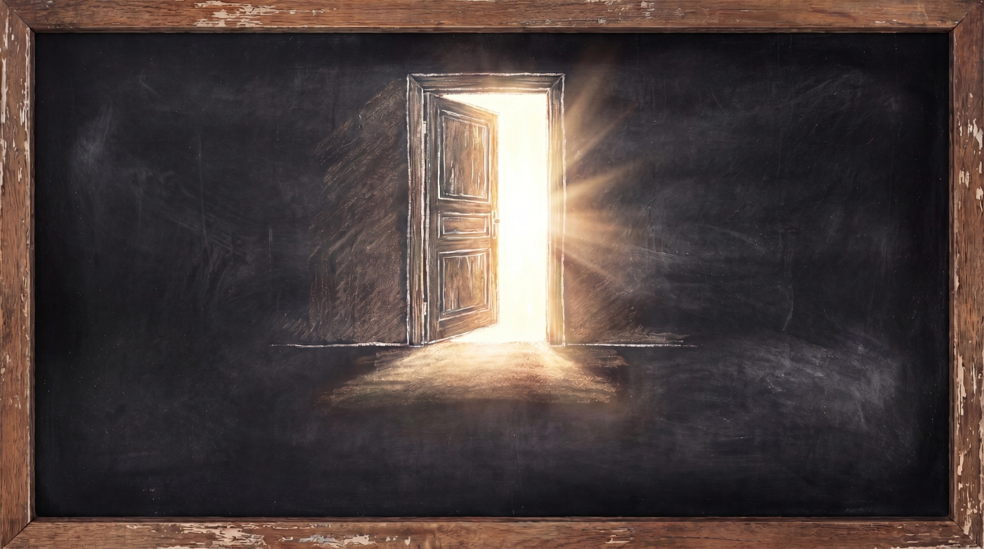 Desenho à mão de uma porta entreaberta com luz saindo de dentro.