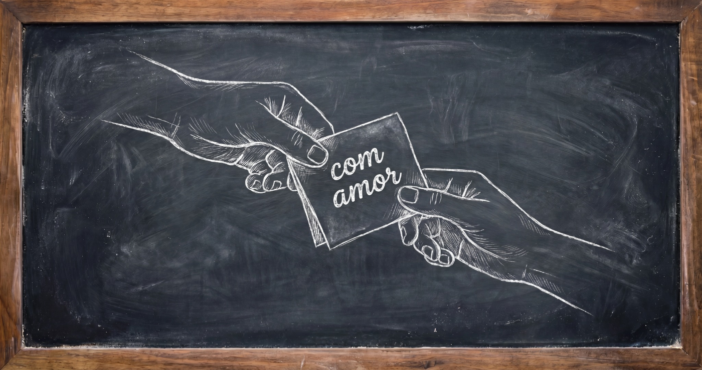 Desenho à mão de duas mãos passando um bilhete escrito 'com amor'.